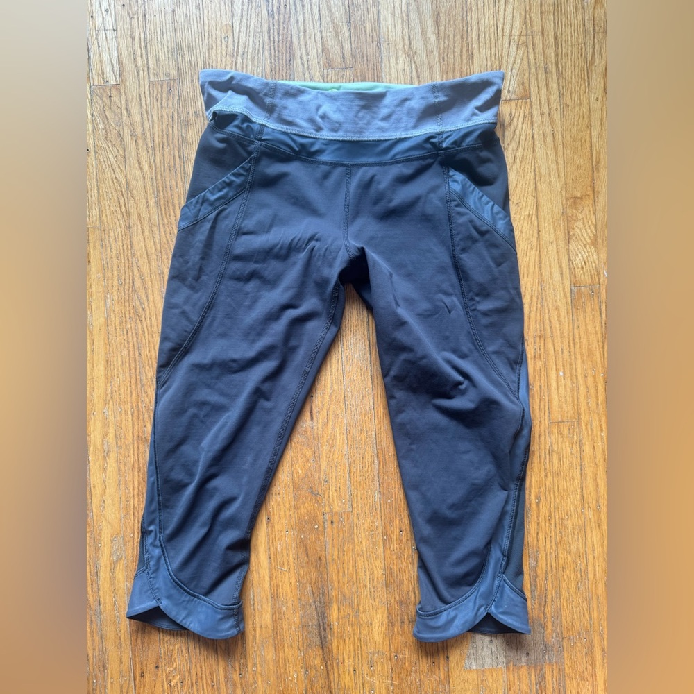 lululemon athletica Black Capri Leggings with Gray Waistband and Hem Detail